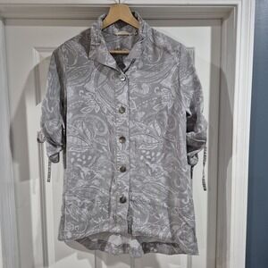 Soft Surroundings Tunic Womens Medium Gray Paisley Tencel Beachy‎ Shell Buttons